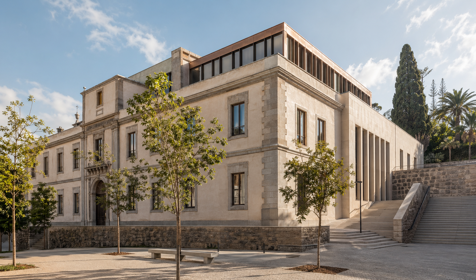Edificio público rehabilitado con fachada luminosa y carácter institucional