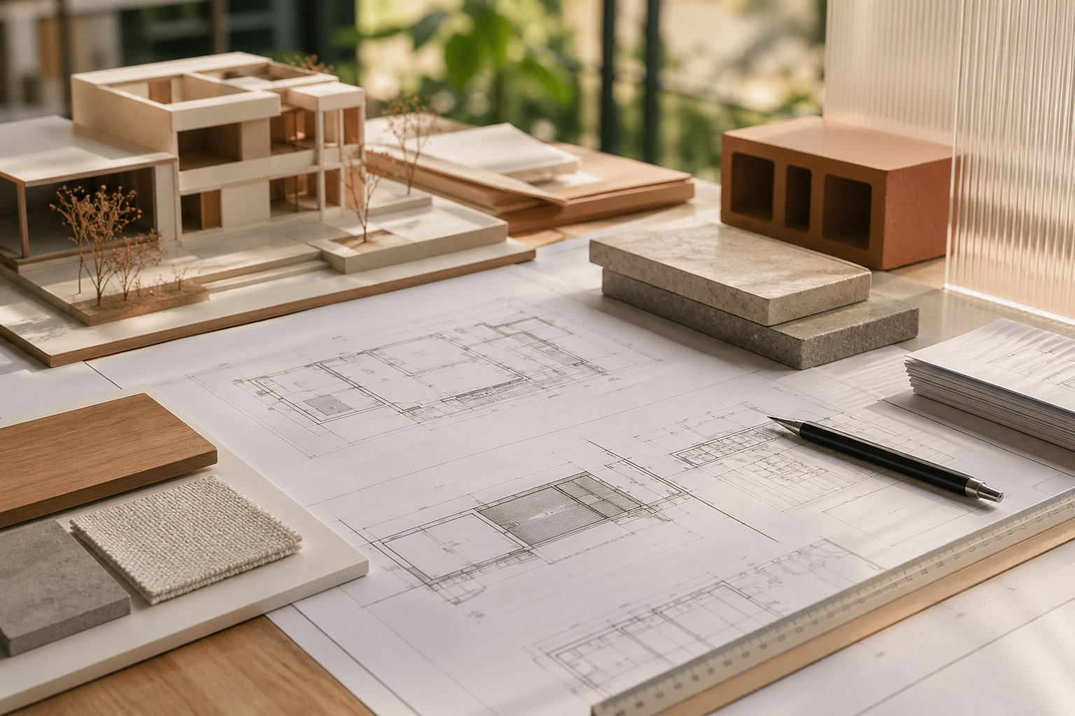 Mesa de estudio con planos, maqueta y muestras de materiales